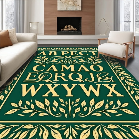 ODIKA 8'x10' Machine Washable Non-Slip Area Rug, Nature Inspired ABC Featuring Leafy Letter Motifs High Traffic Rug, Green, 687626