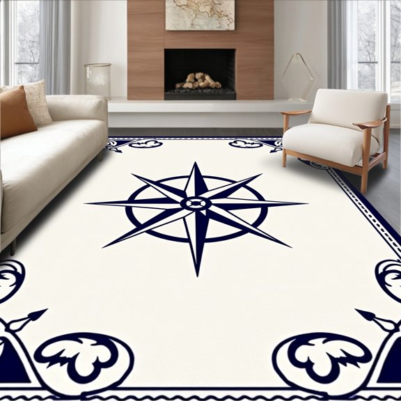 ODIKA 8x10 Machine Washable Non-Slip Area Rug, Nautical Anchor Compass Rose Maritime Navigation Anti Slip Floor Covering High Traffic Rug, Blue, 701142