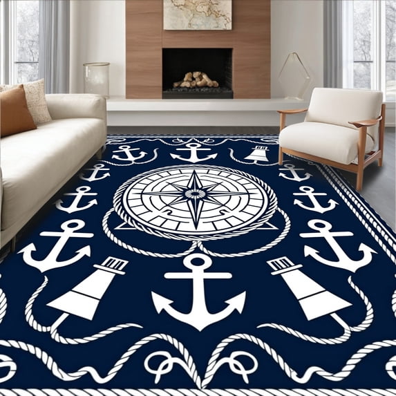 ODIKA 8'x10' Machine Washable Non-Slip Area Rug, Nautical Anchor Lighthouse Compass Rose Bathroom with Maritime High Traffic Rug with Pad, Blue, 716437