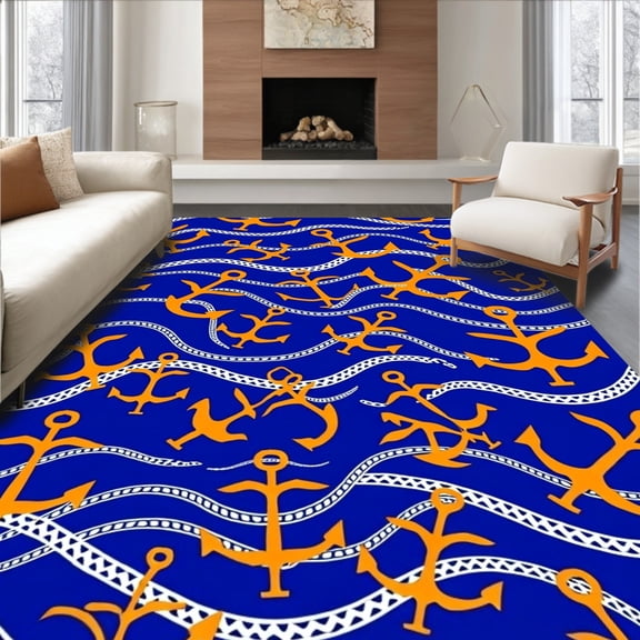 ODIKA 8'x10' Machine Washable Non-Slip Area Rug, Nautical Anchor Wave Reversible with Maritime Design High Traffic Rug, Blue, 716090