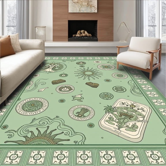 ODIKA 8'x10' Machine Washable Non-Slip Area Rug, Nautical Fantasy Journey Map With Legendary Heroines High Traffic Rug, Green, 723667