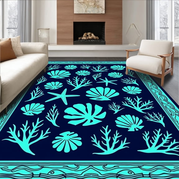 ODIKA 8'x10' Machine Washable Non-Slip Area Rug, Nautical Starfish Needlework Canvas DIY High Traffic Rug, Blue, 618793