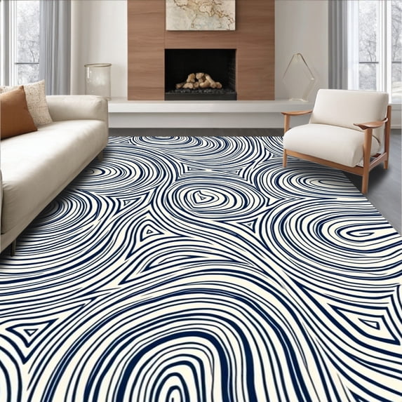 ODIKA 8'x10' Machine Washable Non-Slip Area Rug, Nautical Wave Motif Interlocking Medallion Farmhouse Vintage High Traffic Rug, Blue, 550234