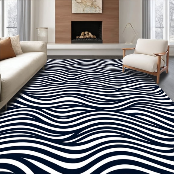 ODIKA 8'x10' Machine Washable Non-Slip Area Rug, Nautical Wave Reversible Straw High Traffic Rug, Black, 716050