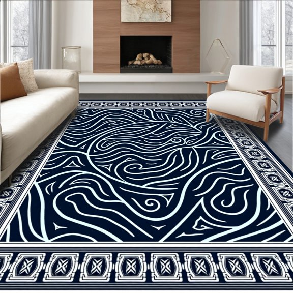 ODIKA 8'x10' Machine Washable Non-Slip Area Rug, Nautical Waves Interlocking Medallion High Traffic Rug, Black, 477357