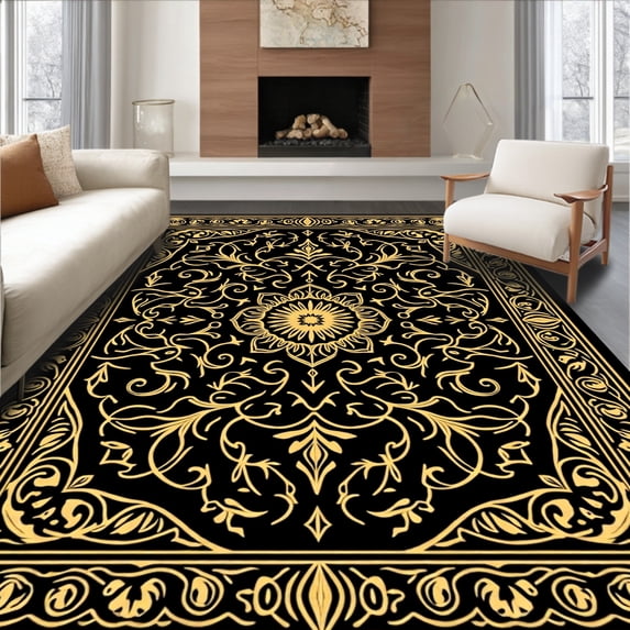 ODIKA 8'x10' Machine Washable Non-Slip Area Rug, Noble Artistry Showcasing Delicate Intertwined Vines High Traffic Rug, Black, 462803