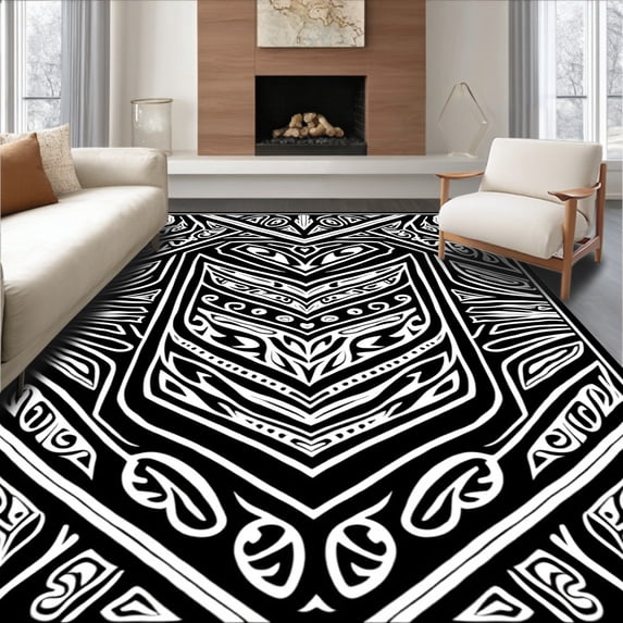 ODIKA 8'x10' Machine Washable Non-Slip Area Rug, Nordic Interlocking with Abstract Boho Symbols High Traffic Rug, Black, 658110