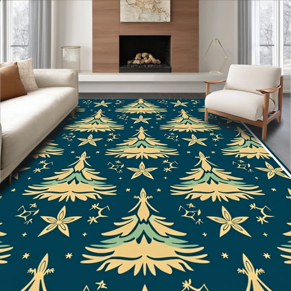 ODIKA 8'x10' Machine Washable Non-Slip Area Rug, Nordic Evergreen Trees and Reindeer Repeating Holiday Motif High Traffic Rug with Pad, Blue, 737834