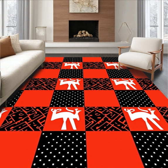 ODIKA 8'x10' Machine Washable Non-Slip Area Rug, Nordic Festive Checkered with Reindeer High Traffic Rug with Pad, Red, 610461