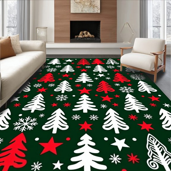 ODIKA 8'x10' Machine Washable Non-Slip Area Rug, Nordic Fir Motif with Snowflake Accents and Interlocking Sprigs High Traffic Rug, Green, 735598