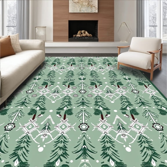 ODIKA 8'x10' Machine Washable Non-Slip Area Rug, Nordic Fir Tree Array with Interlocking and Snow Dot Embellishments High Traffic Rug, Green, 629708
