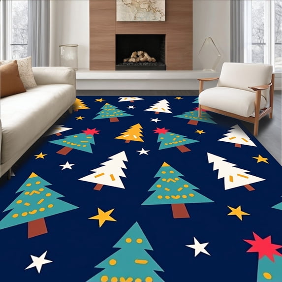 ODIKA 8'x10' Machine Washable Non-Slip Area Rug, Nordic Fir Tree Constellation Design Holiday High Traffic Rug, Blue, 621340
