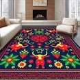 thumbnail image 1 of ODIKA 8'x10' Machine Washable Non-Slip Area Rug, Nordic Folk Art Highland Cattle with Festive Motifs High Traffic Rug with Pad, Blue, 738657, 1 of 8