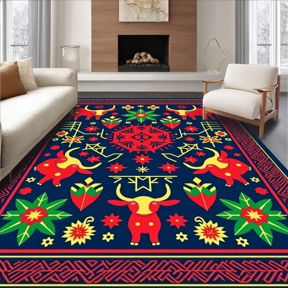 ODIKA 8'x10' Machine Washable Non-Slip Area Rug, Nordic Folk Art Highland Cattle with Festive Motifs High Traffic Rug with Pad, Blue, 738657