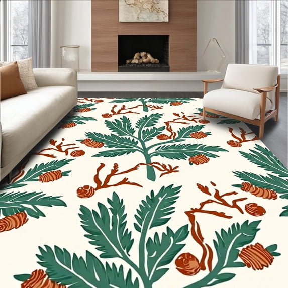 ODIKA 8'x10' Machine Washable Non-Slip Area Rug, Nordic Pine Branch Absorbent Floor Pair High Traffic Rug, Green, 652933