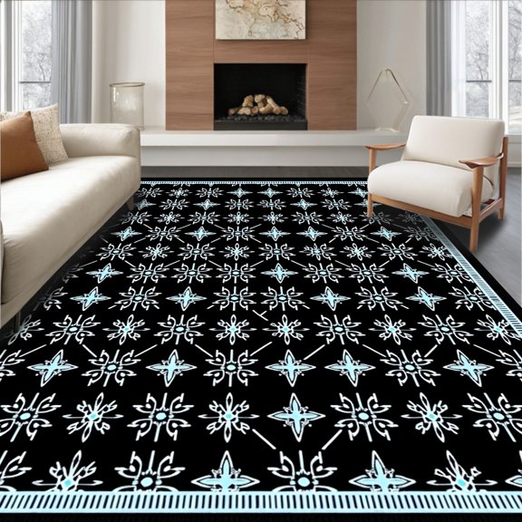 ODIKA 8'x10' Machine Washable Non-Slip Area Rug, Nordic Snow Crystal Motif with Interlocking Starburst Accents Modern Design High Traffic Rug, Black, 740870