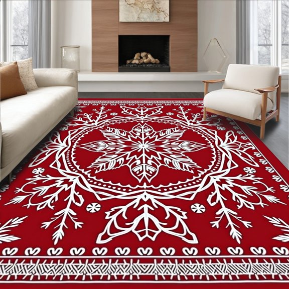 ODIKA 8'x10' Machine Washable Non-Slip Area Rug, Nordic Snowflake Medallion Motif with Delicate Frosted Lace Accents High Traffic Rug, Red, 663066