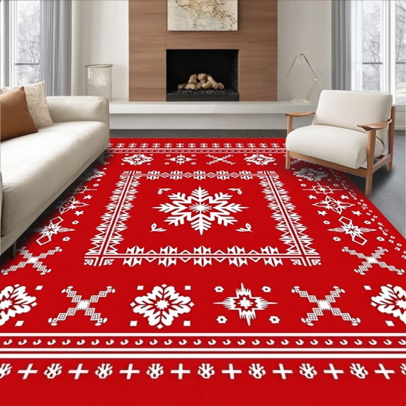 ODIKA 8'x10' Machine Washable Non-Slip Area Rug, Nordic Snowflake Medley with Festive Stars and Scandi Motifs High Traffic Rug with Pad, Red, 732993