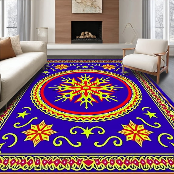 ODIKA 8'x10' Machine Washable Non-Slip Area Rug, Nordic Snowflake Swirl Festivity High Traffic Rug with Pad, Blue, 623371