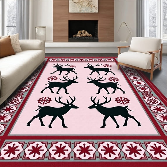 ODIKA 8'x10' Machine Washable Non-Slip Area Rug, Nordic Stag Motif with Interlocking Snowflake and Plaid Borders High Traffic Rug with Pad, Black, 623086