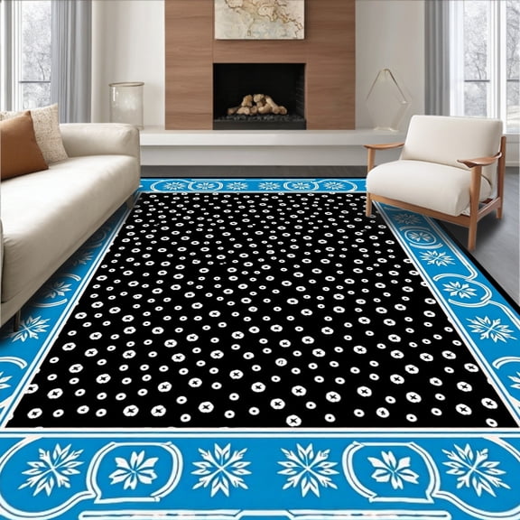 ODIKA 8'x10' Machine Washable Non-Slip Area Rug, Nordic Winter Spotted Cattle Design with Interlocking Snowflake Borders High Traffic Rug, Blue, 642786