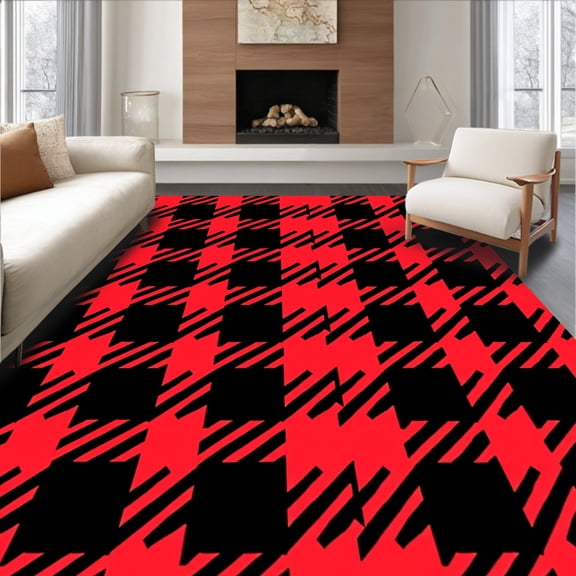 ODIKA 8x10 Machine Washable Non-Slip Area Rug, Nordic Winterscape Gingham Decoration High Traffic Rug, Red, 610401