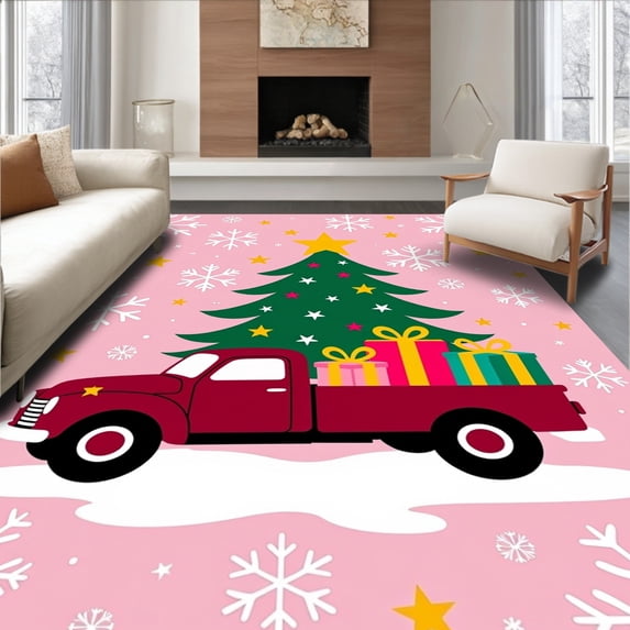 ODIKA 8'x10' Machine Washable Non-Slip Area Rug, North Pole Express Crochet Motif Adventure High Traffic Rug with Pad, Pink, 654106