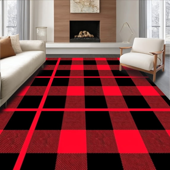 ODIKA 8'x10' Machine Washable Non-Slip Area Rug, North Woods Plaid Hunting Camp Treasure High Traffic Rug with Pad, Red, 615248