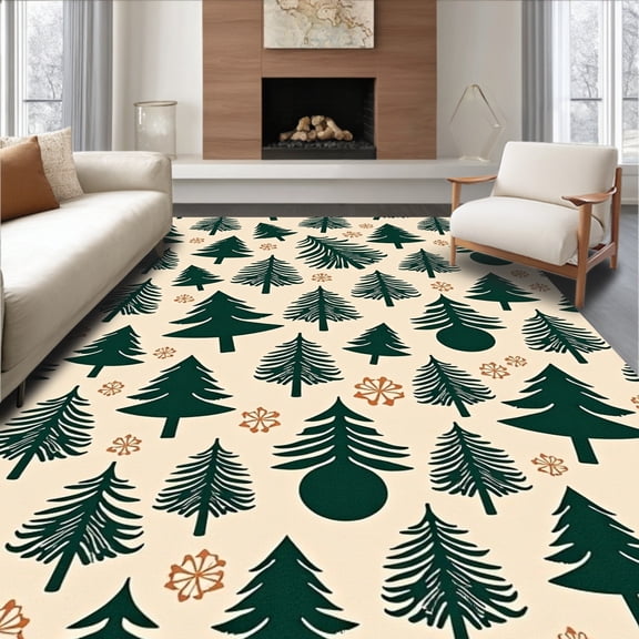 ODIKA 8'x10' Machine Washable Non-Slip Area Rug, Nostalgic Holiday Entrance With Festive Evergreen High Traffic Rug, Beige, 605839
