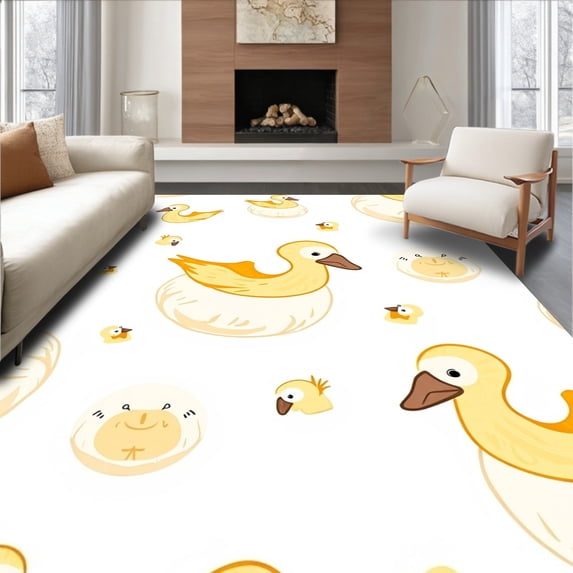 ODIKA 8'x10' Machine Washable Non-Slip Area Rug, Nursery Tale Feathered Creatures Artistic Print Hook High Traffic Rug, Yellow, 722084