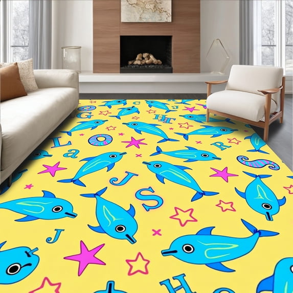 ODIKA 8'x10' Machine Washable Non-Slip Area Rug, Ocean Creatures ABC Discovery Interactive Teaching High Traffic Rug, Yellow, 679119