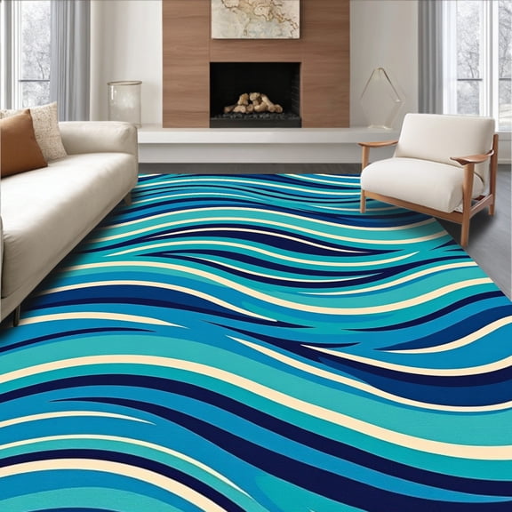 ODIKA 8'x10' Machine Washable Non-Slip Area Rug, Ocean Wave Ripple Movement Dynamic Surface High Traffic Rug, Blue, 664246