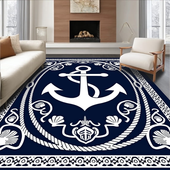 ODIKA 8'x10' Machine Washable Non-Slip Area Rug, Ocean Waves Nautical Anchor Latch Hook Project Maritime Sailing Theme High Traffic Rug with Pad, Blue, 727501