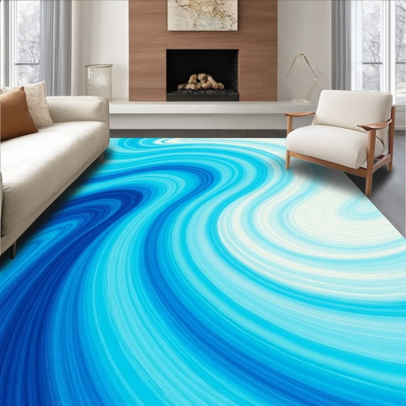 ODIKA 8x10 Machine Washable Non-Slip Area Rug, Ombre Horizon Waves Gradient Abstract Flow High Traffic Rug with Pad, Blue, 471771