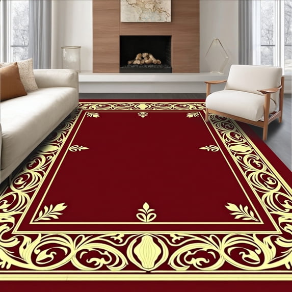 ODIKA 8'x10' Machine Washable Non-Slip Area Rug, Opulent Rococo Vinework with Twisted Laurel and Festooned Emblems High Traffic Rug with Pad, Red, 604349