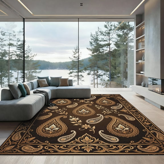 ODIKA 8'x10' Machine Washable Non-Slip Area Rug, Oriental Dark Brown High Traffic Rug, Brown, 959049