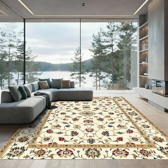 ODIKA 8'x10' Machine Washable Non-Slip Area Rug, Oriental Ivory High Traffic Rug with Pad, Ivory, 1052275