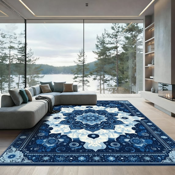ODIKA 8'x10' Machine Washable Non-Slip Area Rug, Oriental Navy Blue High Traffic Rug, Blue, 1053169