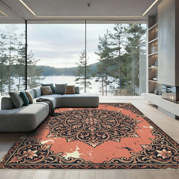 ODIKA 8'x10' Machine Washable Non-Slip Area Rug, Oriental Terracotta High Traffic Rug, Orange, 945498