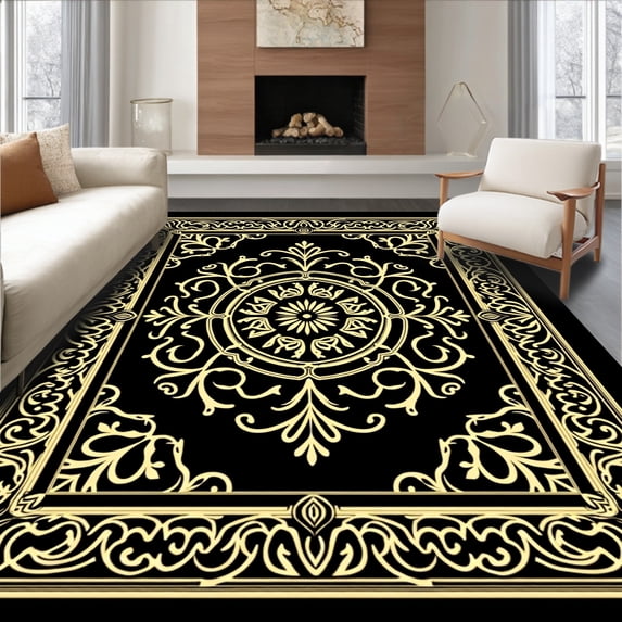 ODIKA 8'x10' Machine Washable Non-Slip Area Rug, Ornate Medallion Scrollwork with Flourished Filigree Design High Traffic Rug, Black, 573544