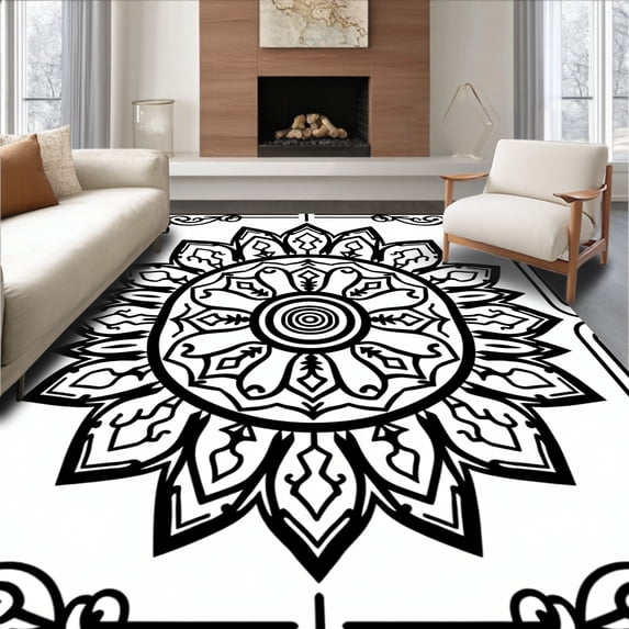 ODIKA 8'x10' Machine Washable Non-Slip Area Rug, Ornate Overlay with Interlocking Accents High Traffic Rug, Black, 527721