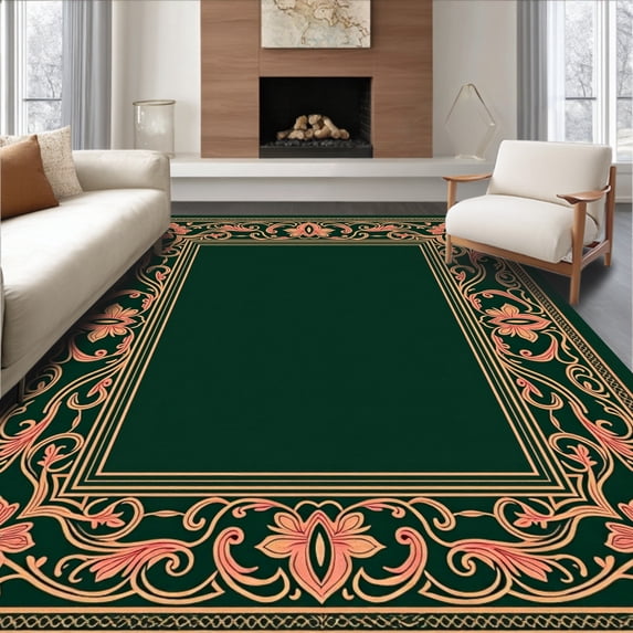ODIKA 8'x10' Machine Washable Non-Slip Area Rug, Paisley Damask with Swirling Botanical High Traffic Rug, Green, 590525
