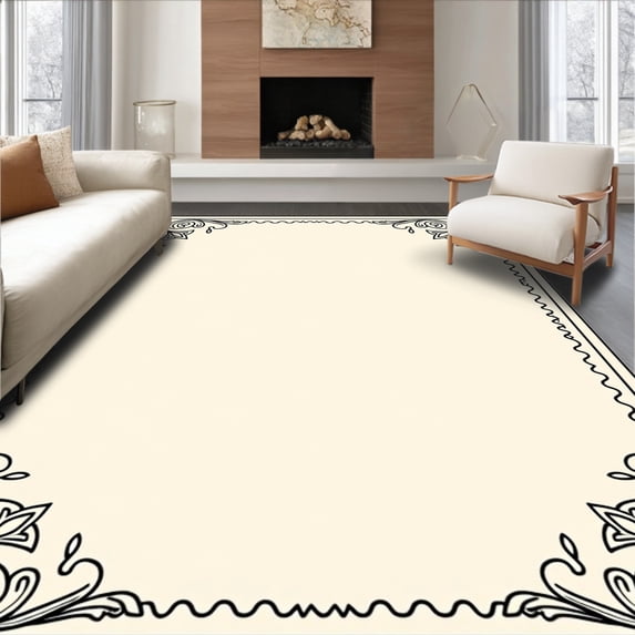 ODIKA 8'x10' Machine Washable Non-Slip Area Rug, Paisley Flourish Design with Ornamental Border Accents High Traffic Rug with Pad, Black, 541689