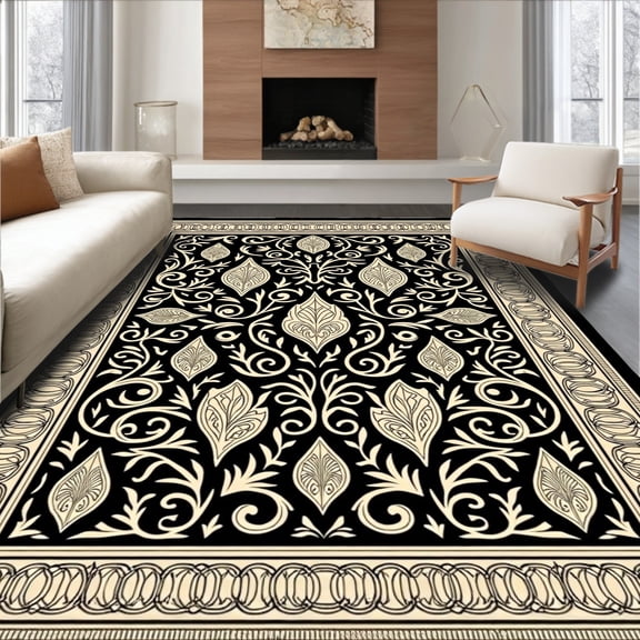 ODIKA 8'x10' Machine Washable Non-Slip Area Rug, Paisley Garden with Swirling Teardrop Motifs High Traffic Rug, Black, 665785