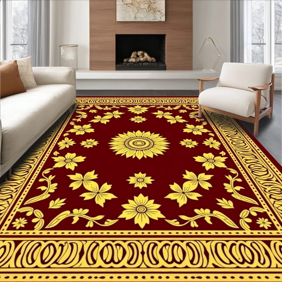 ODIKA 8'x10' Machine Washable Non-Slip Area Rug, Palatial Ornamental Blossom High Traffic Rug, Red, 460529