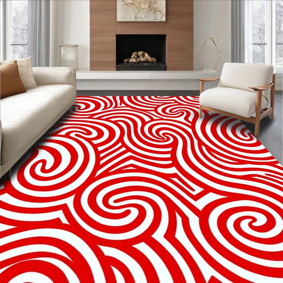 ODIKA 8'x10' Machine Washable Non-Slip Area Rug, Peppermint Swirl Bath Festive Spiral Design Holiday Shower High Traffic Rug, Red, 623442
