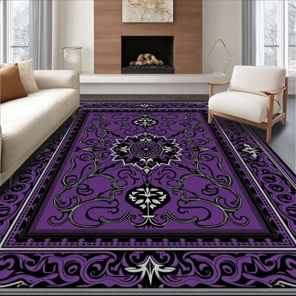 ODIKA 8'x10' Machine Washable Non-Slip Area Rug, Luxurious Swirl Medallion Vintage Distressed Lattice High Traffic Rug, Purple, 583544