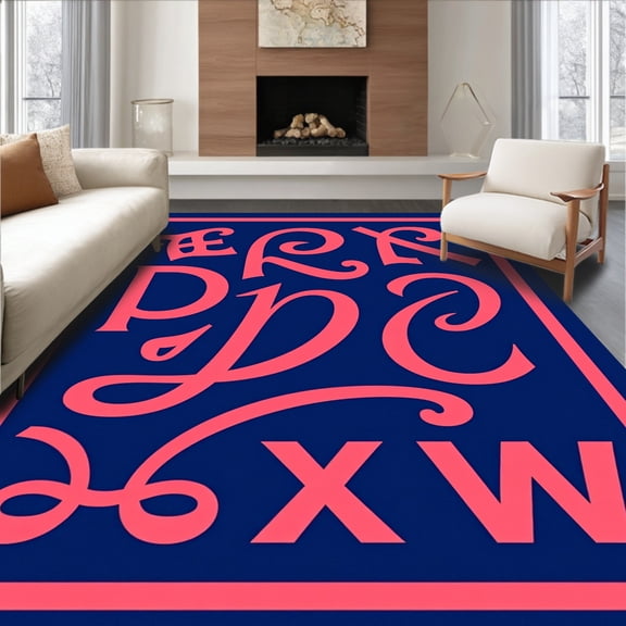 ODIKA 8'x10' Machine Washable Non-Slip Area Rug, Phonetic Symbol Floor with Modern High Traffic Rug, Blue, 689931
