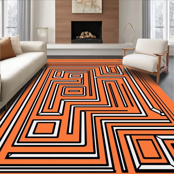 ODIKA 8'x10' Machine Washable Non-Slip Area Rug, Pinstripe Maze with Interlocking Modern Stripes High Traffic Rug, Orange, 511335