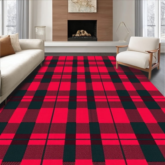 ODIKA 8'x10' Machine Washable Non-Slip Area Rug, Plaid Design Christmas Entry Seasonal Floor Covering High Traffic Rug, Red, 622561